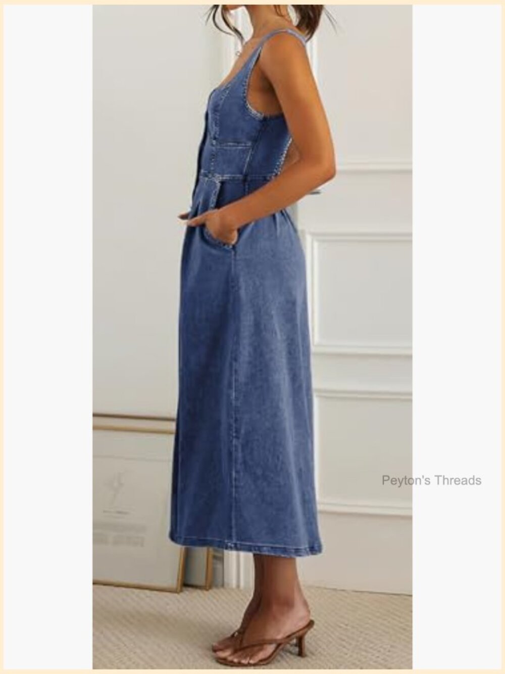 Stretchy Smocked Denim Dress Sleeveless Button Down Midi Babydoll Jean Dress - Picture 3 of 6